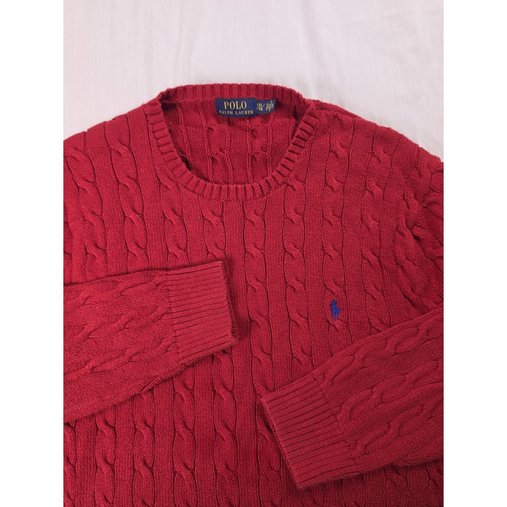Polo Ralph Lauren Sweater Mens 2XL Red 100% Cotton Cable Knit Crewneck Pullover